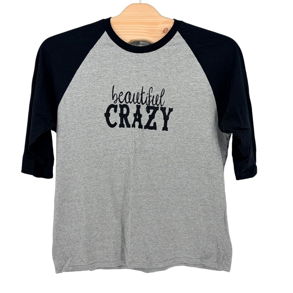 Gildan Baseball Tee XL Gray Black Beautiful Crazy Graphic 3/4 Sleeve Raglan